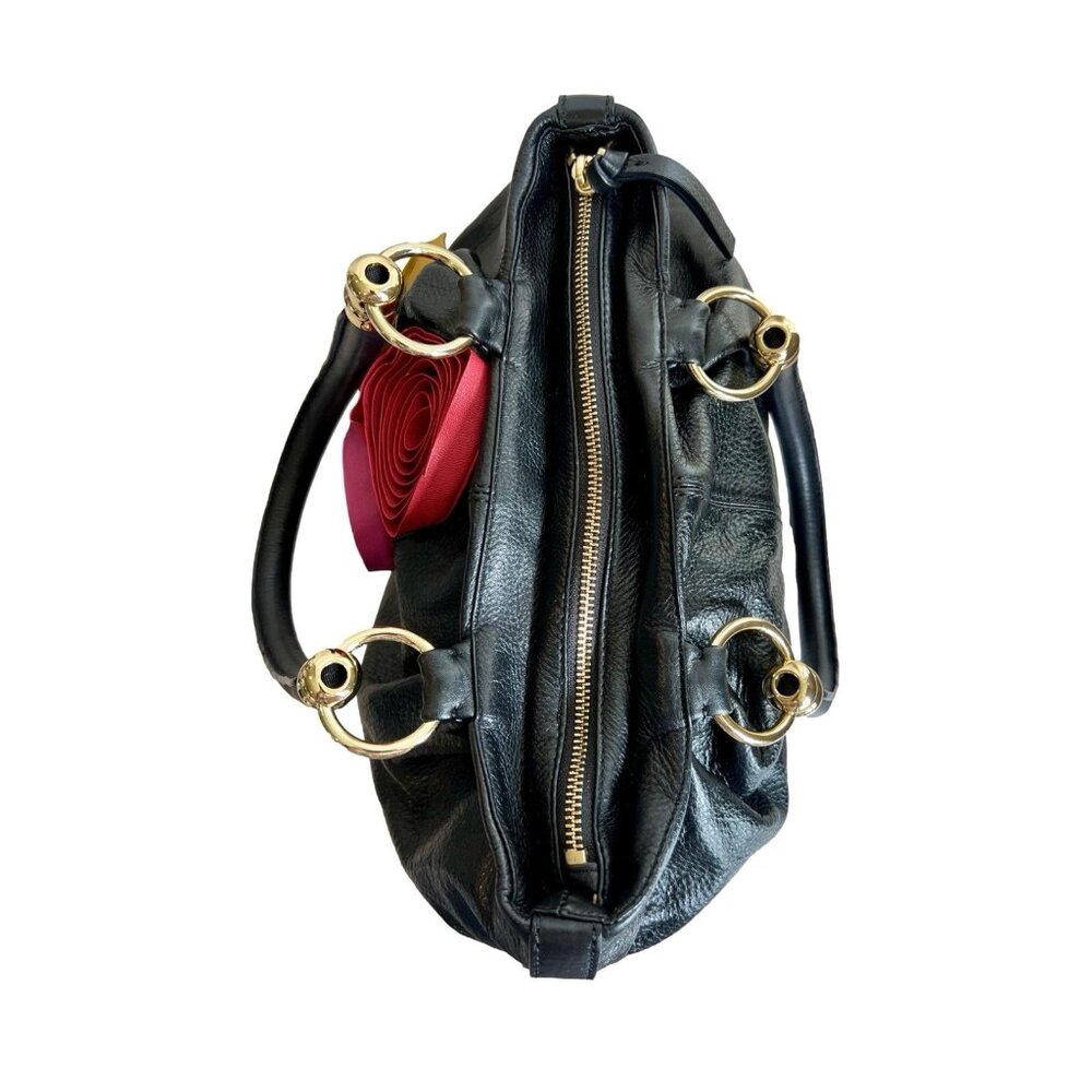 Antonio Melani Black Leather Shoulder Purse Rosebud Accents Gold Metal - Picture 8 of 11